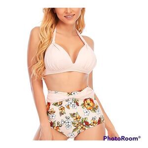Retro Floral Halter High Waist Bikini Set Two Piece Bathing Suit Size M (6)
